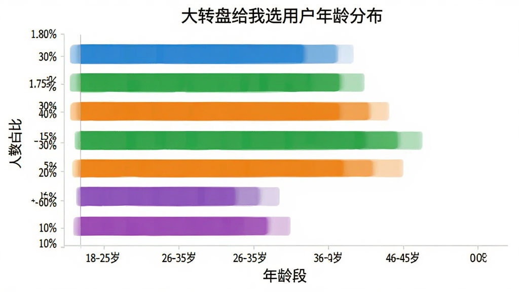 一个横向柱状图,标题为“大转盘给我选用户年龄分布”,横轴为年龄段,纵轴为人数占比,数据大致为18-25岁占比30%,26-35岁占比40%,36-45岁占比20%,46-60岁占比10%,柱状图颜色分别为蓝色、绿色、橙色、紫色,背景干净,图表清晰,无多余元素