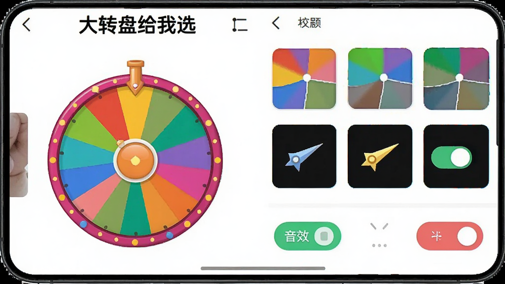 手机屏幕显示“大转盘给我选”App的外观设置页面,画面左侧是一个圆形的彩色转盘预览图,右侧是各种自定义选项的缩略图,包括不同颜色的主题色块、指针样式图标、音效开关按钮,界面排版整齐,风格活泼有趣,顶部有“大转盘给我选”文字,画质干净,无多余元素