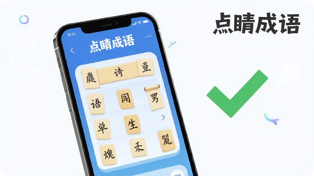 一张展示点睛成语在手机上流畅运行的图片,画面中手机屏幕显示成语闯关界面,旁边有一个对勾图标表示运行正常,背景简洁,画面中有