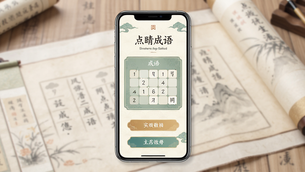 一张展示点睛成语App整体界面的图片,画面中央是手机屏幕,屏幕内显示点睛成语的启动页或主界面,界面以淡雅的国风配色为主,有成语填空的互动区域和几个功能按钮,背景是柔和的书卷纹理,风格清新简洁,画质干净,无多余元素