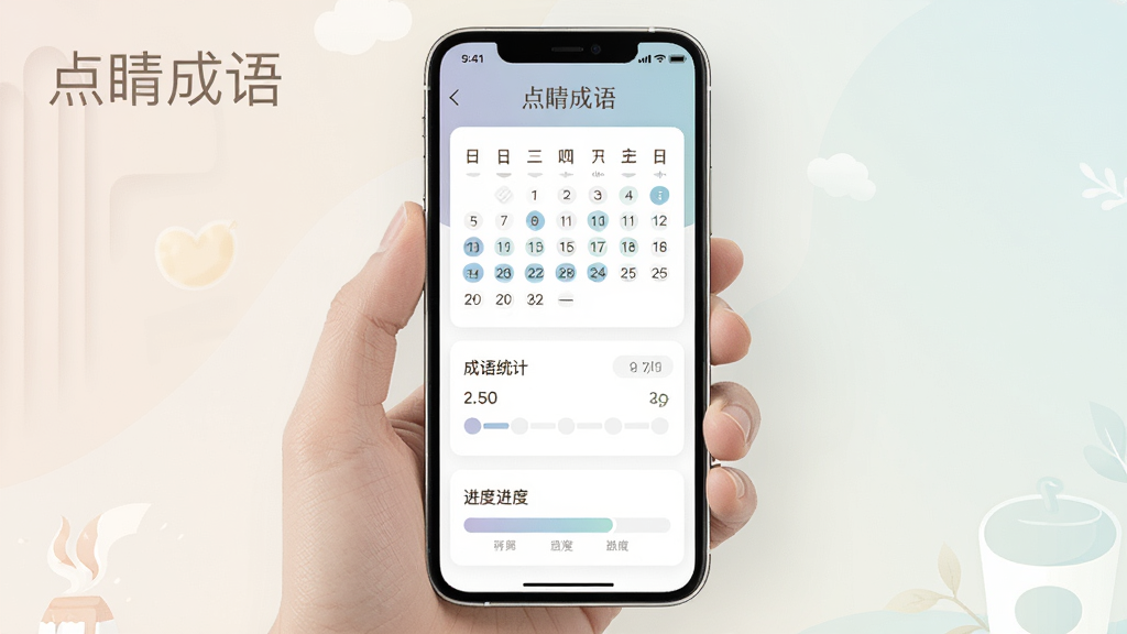 一张展示点睛成语学习进度记录的图片,手机屏幕内显示学习统计页面,有日历打卡标记、成语数量统计和进度条,界面布局清晰,配色柔和,画面中有