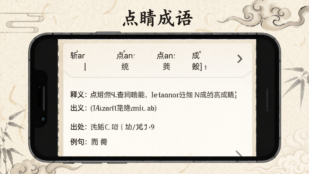 一张展示点睛成语释义查询功能的图片,手机屏幕内显示一个成语的详细解释页面,包含拼音、释义、出处和例句,排版清晰,背景有淡淡的古风纸张纹理,画面中有