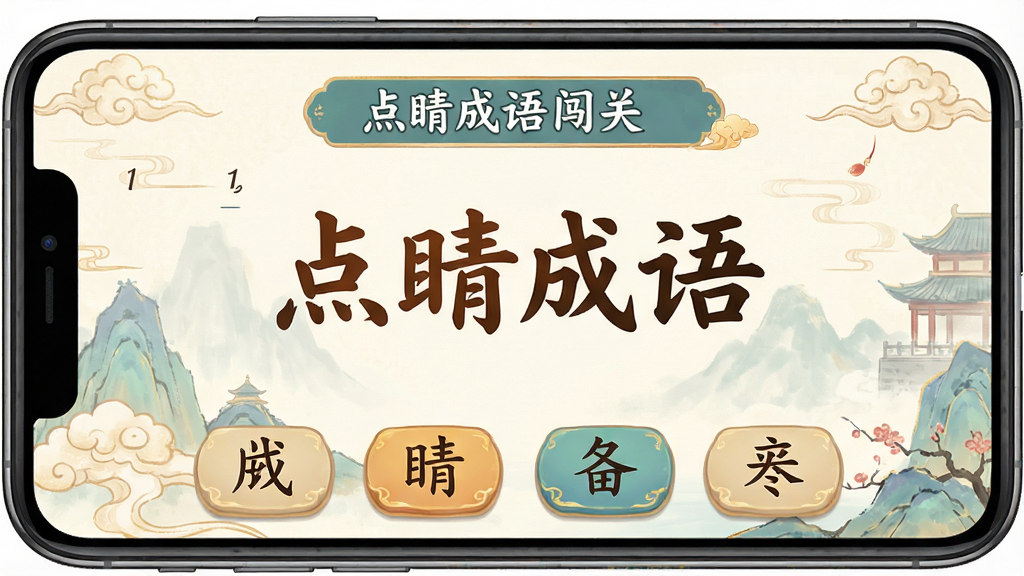 一张展示点睛成语闯关界面的图片,手机屏幕内显示一道成语填空题,上方有提示文字,下方有备选汉字按钮,界面风格清爽活泼,背景有淡淡的国风插画元素,画面中央有