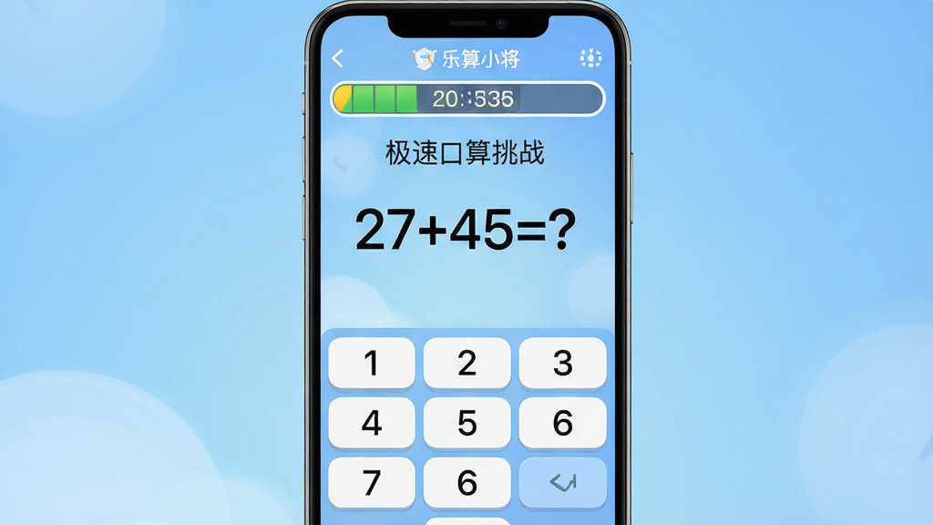 一张“乐算小将”App内“极速口算挑战”模式的界面截图,屏幕中央显示一道算术题“27+45=?”,下方有数字键盘,顶部有倒计时条,背景是柔和的蓝色渐变,风格简洁现代,细节上数字清晰锐利,画质干净无多余元素。