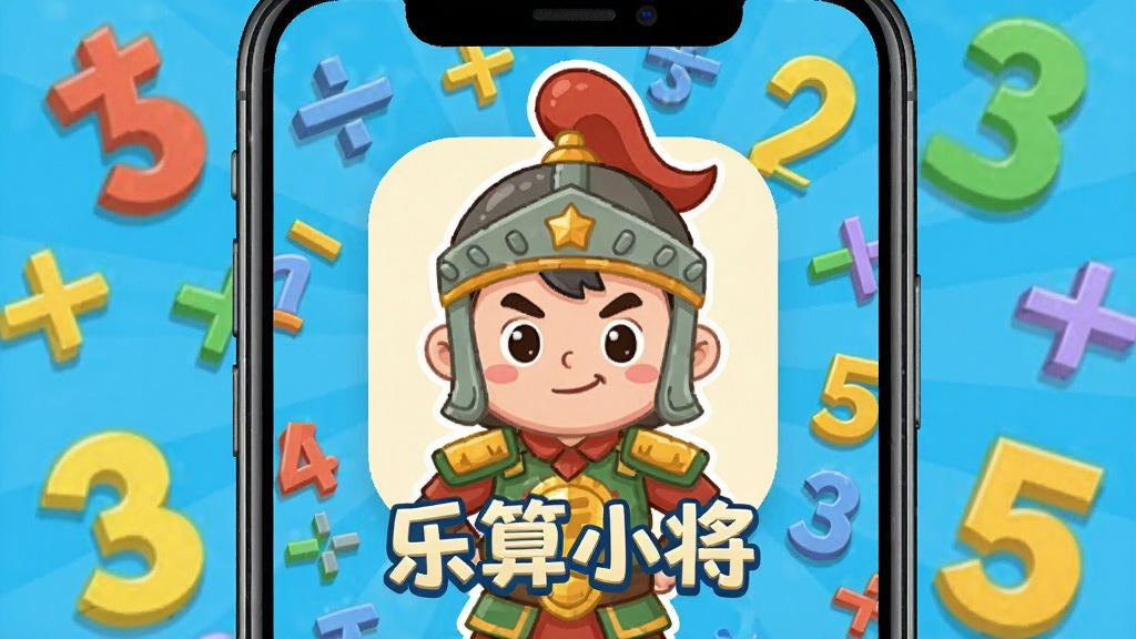 一张展示“乐算小将”App核心界面的手机屏幕截图,画面中央是“乐算小将”的卡通小将军形象,背景是充满活力的数学符号和数字,布局简洁明快,风格是扁平化卡通,细节上数字和符号有轻微立体感,画质清晰干净,无多余元素。
