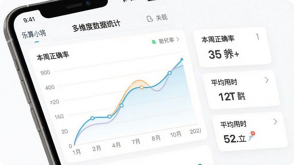 一张“乐算小将”App内“多维度数据统计”页面的手机截图,画面中有一个折线图展示正确率变化趋势,旁边有“本周正确率”、“平均用时”等数据卡片,背景是白色,风格是商务简约风,细节上图表线条流畅,画质干净无多余元素。