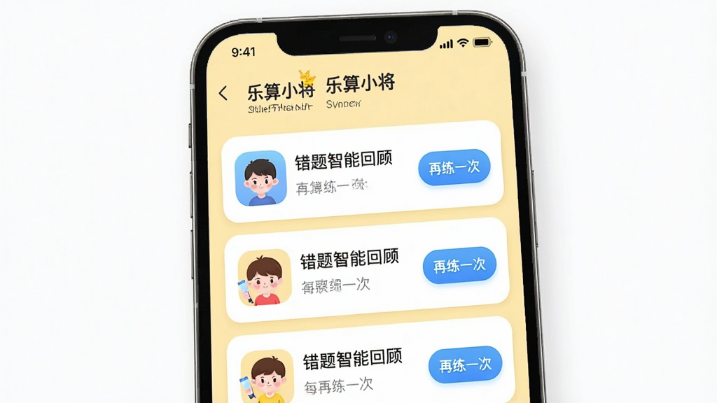 一张“乐算小将”App内“错题智能回顾”界面的手机截图,画面中是一个错题列表,每道错题旁边有“再练一次”的按钮,背景是淡黄色,风格是清爽的卡片式设计,细节上图标圆润,画质干净无多余元素。