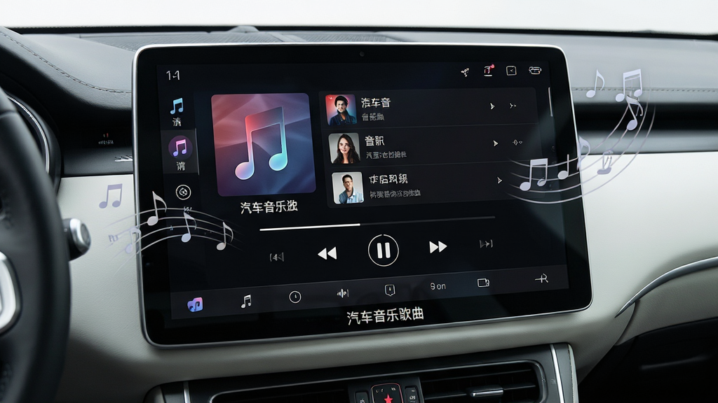 一张展示汽车音乐歌曲 App 核心全貌的场景图,画面中央是一辆现代汽车的中控大屏,屏幕上显示着汽车音乐歌曲的播放界面,界面以深色背景为主,有专辑封面、歌曲列表和播放控制按钮,屏幕下方有汽车音乐歌曲的中文名称标识,屏幕周围有淡淡的音符飘出,整体风格现代简洁,细节清晰,画质干净,无多余元素
