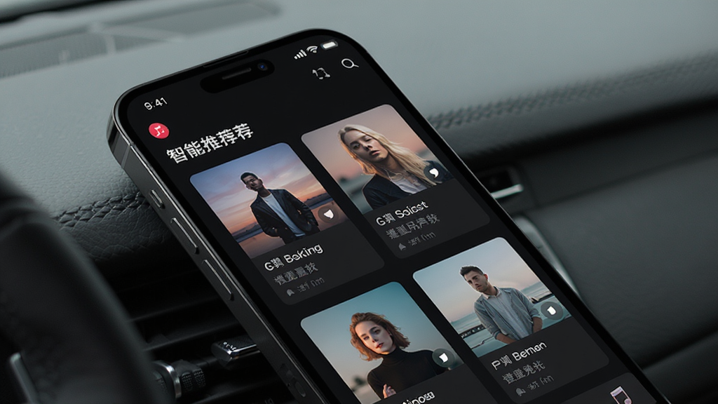 一张展示汽车音乐歌曲 App 智能推荐界面的图片,画面中手机屏幕显示着汽车音乐歌曲的首页推荐区域,有根据用户口味生成的歌单卡片,卡片上有歌曲封面和推荐理由文字,界面以深色为主色调,风格现代,布局清晰,画质干净,无多余元素