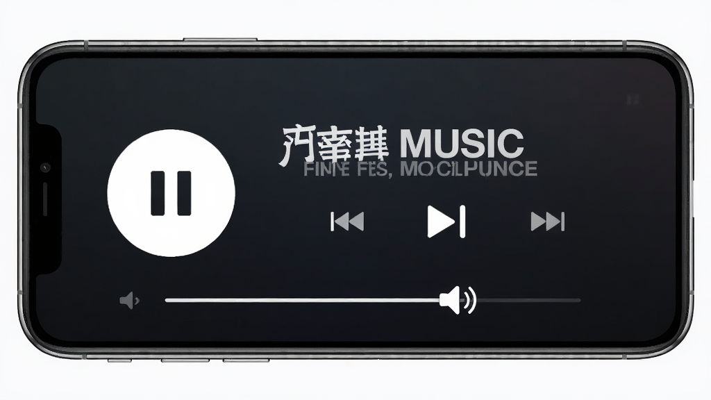 一张展示汽车音乐歌曲 App 极简播放界面的图片,画面中手机横屏显示汽车音乐歌曲的播放页面,有巨大的播放暂停按钮、上一首下一首按钮和音量调节滑块,歌曲信息以大字显示,背景为深色渐变,风格极简,布局清晰,画质干净,无多余元素