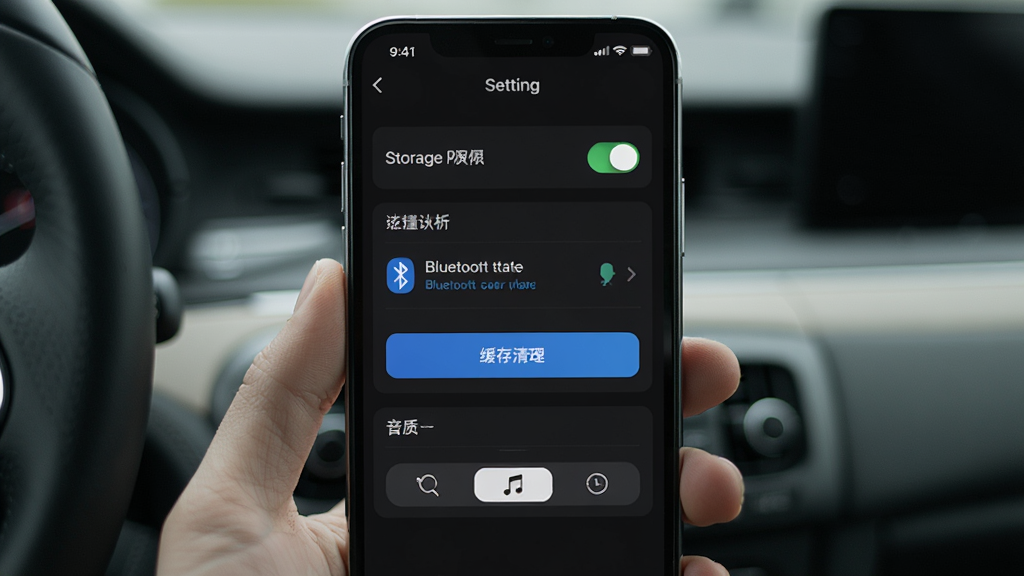 一张展示汽车音乐歌曲 App 设置界面的图片,画面中手机屏幕显示着汽车音乐歌曲的设置页面,有存储权限开关、蓝牙连接状态、缓存清理按钮和音质选择选项,界面以深色背景为主,文字清晰,布局规整,风格简洁,画质干净,无多余元素