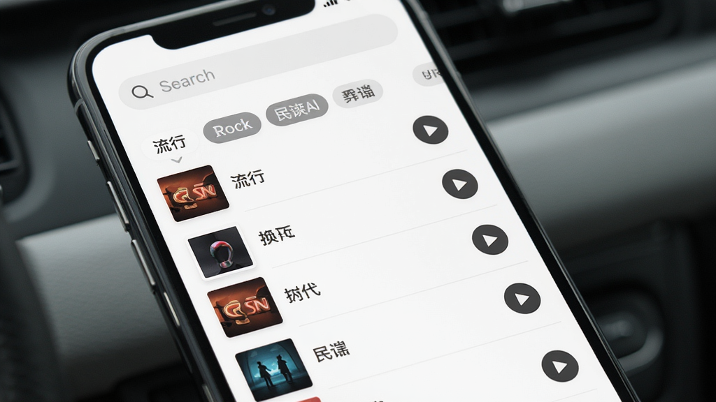 一张展示汽车音乐歌曲 App 曲库界面的图片,画面中手机屏幕显示着汽车音乐歌曲的歌曲列表,列表中有不同风格的歌曲分类标签,如流行、摇滚、民谣等,每首歌曲旁边有播放按钮,屏幕上方有搜索框,整体布局清晰,风格简洁现代,画质干净,无多余元素