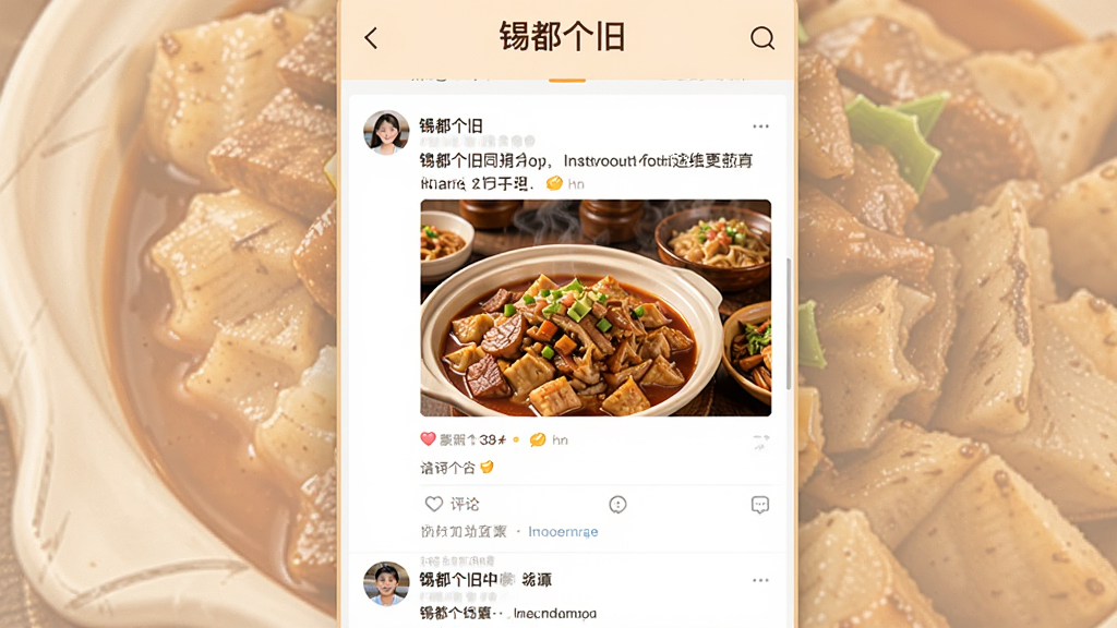 一张展示“锡都个旧”同城互动圈子的界面截图,画面中有用户发布的图文帖子,包含本地美食照片和评论互动区域,布局为垂直列表,风格亲切温馨,画质干净,文字清晰可辨