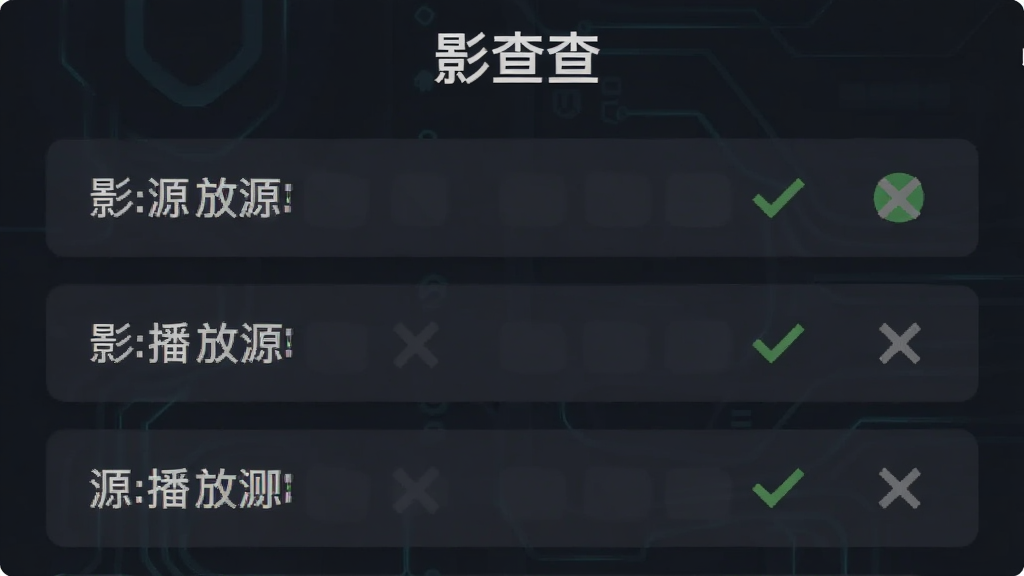 一张影查查播放源检测结果界面的图片,画面中列出多个播放源选项,每个选项旁边有绿色对勾或灰色叉号标识可用状态,顶部有“影查查”文字,背景为深色主题,布局简洁,风格科技感扁平,画质清晰干净无多余元素