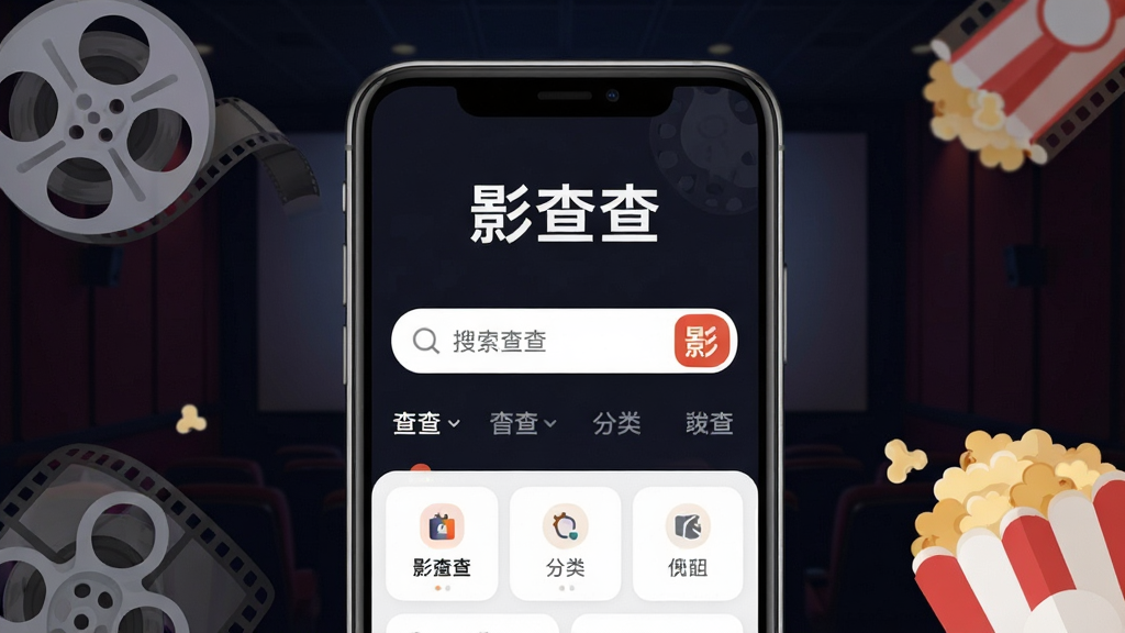 一张手机屏幕展示影查查App主界面的图片,画面中央是影查查的搜索框和分类导航,顶部有“影查查”三个字,背景是深色影院风格,周围散落着电影胶片和爆米花元素,整体布局简洁清晰,风格现代扁平,细节圆润,画质干净无多余元素