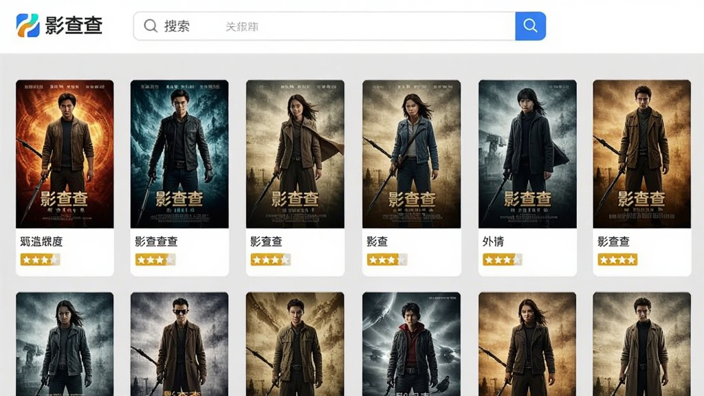 一张影查查搜索结果页面的截图风格图片,画面中显示多部电影海报以网格排列,顶部有搜索栏和“影查查”标识,每张海报下方有片名和评分标签,背景为浅灰色,布局整齐,风格现代简洁,画质清晰干净无多余元素