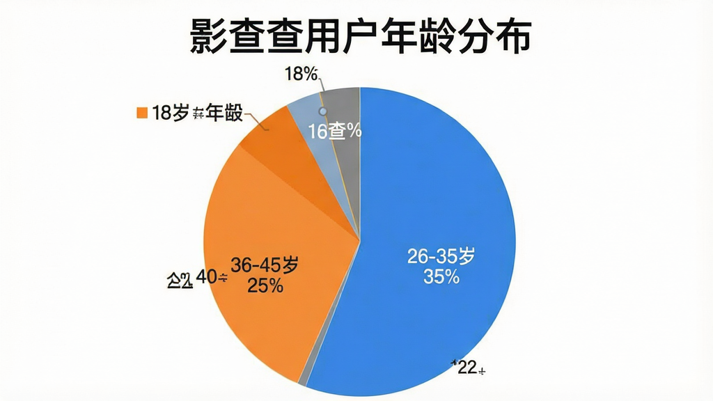 一张影查查用户年龄分布饼状图,画面中显示不同年龄段用户占比,18-25岁占22%,26-35岁占35%,36-45岁占25%,46-60岁占18%,图表颜色以蓝色和橙色为主,顶部有“影查查用户年龄分布”标题,背景为白色,布局清晰,风格简洁扁平,画质干净无多余元素