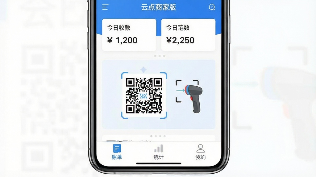 一张展示云点商家版核心全貌的手机应用界面截图,画面中央是一部现代智能手机,手机屏幕显示云点商家版的首页,顶部有“今日收款”和“今日笔数”的数据卡片,中间是醒目的收款二维码和扫码枪图标,底部有“账单”、“统计”、“我的”三个标签栏,界面以蓝色和白色为主色调,风格现代扁平,布局清晰,画质干净,无多余元素