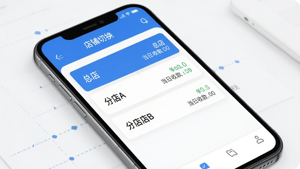 一张展示云点商家版多店铺管理功能的界面图,手机屏幕显示店铺切换列表,有“总店”、“分店A”、“分店B”等选项,每个店铺旁边有当日收款金额的小字,界面风格简洁商务,蓝白配色,画质干净