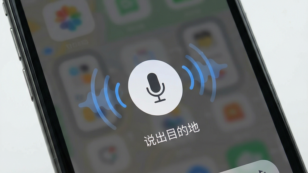 北导地图导航语音搜索界面展示,主体为手机屏幕弹出麦克风图标,布局为语音波纹动画居中,排版简洁,风格现代,细节有“说出目的地”文字提示,画质干净无多余元素,高清画质