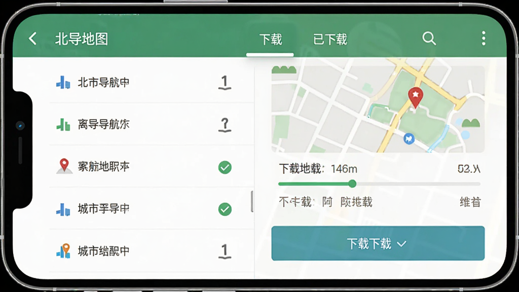 北导地图导航离线地图下载界面展示,主体为手机屏幕,布局为城市列表和下载按钮,排版清晰,风格简洁扁平,细节包含下载进度条和已下载勾选标记,画质干净无多余元素,高清画质