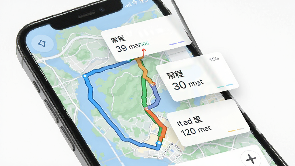 北导地图导航路线规划界面展示,主体为手机屏幕显示三条不同颜色路线,布局为地图上叠加路线卡片,排版清晰,风格现代扁平,细节有时间和里程数字标注,画质干净无多余元素,高清画质