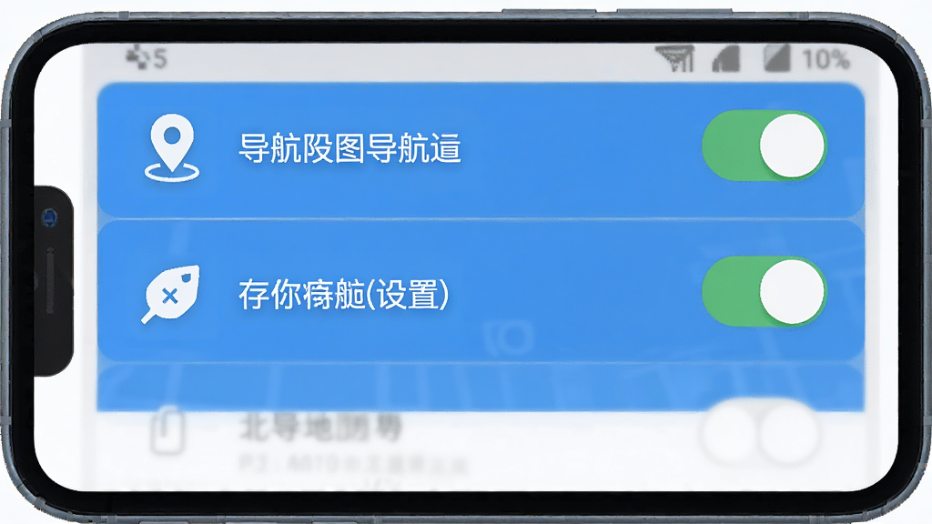 北导地图导航安装设置步骤示意图,主体为手机屏幕显示权限设置界面,布局为上下排列的开关选项,排版整齐,风格简约扁平,细节有定位和存储权限图标,画质干净无多余元素,高清画质