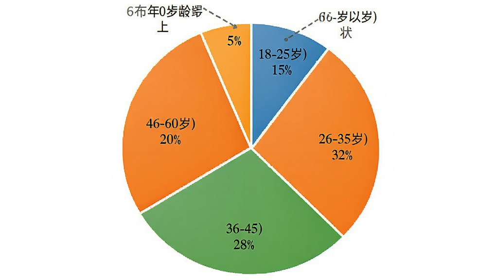 北导地图导航用户年龄分布饼状图,主体为圆形饼图,布局为五个扇区分别标注年龄段,排版居中,风格简洁商务,细节有18-25岁占15%、26-35岁占32%、36-45岁占28%、46-60岁占20%、60岁以上占5%的文字标注,画质干净无多余元素,高清画质