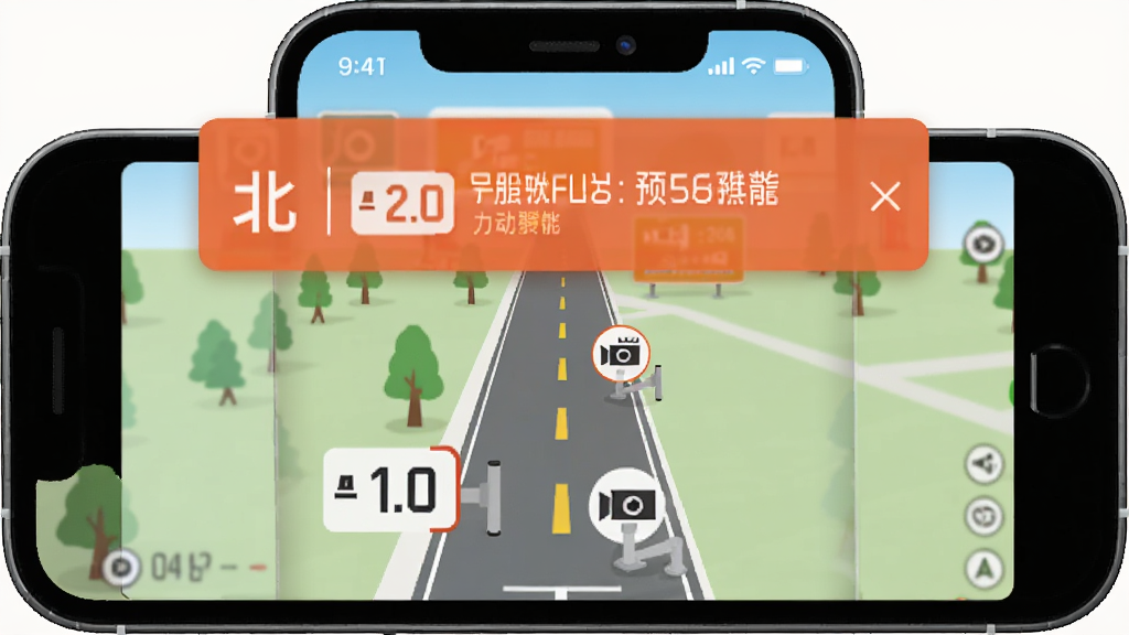 北导地图导航电子眼预警功能展示,主体为手机屏幕显示道路和摄像头图标,布局为顶部弹出预警横幅,排版简洁,风格扁平,细节有限速数字和摄像头图标,画质干净无多余元素,高清画质