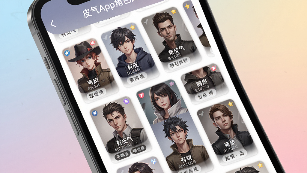 一张展示有皮气App角色库页面的生图提示词:主体是手机屏幕中的有皮气角色选择界面,布局为网格状排列多个角色头像卡片,排版整齐,风格为二次元与写实混合的UI设计,细节上每个角色卡片下方有名字和标签,画质清晰干净无多余元素,背景为柔和渐变。