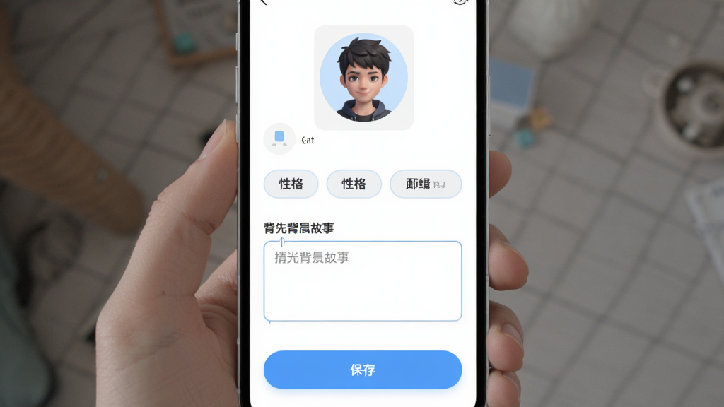 一张展示有皮气App角色创建界面的生图提示词:主体是手机屏幕中有皮气的角色编辑页面,布局上方是角色头像上传区,中间是性格标签和背景故事输入框,下方是保存按钮,排版为纵向表单式,风格为简洁清新的UI设计,细节上输入框有浅色边框和提示文字,画质高清干净无多余元素。