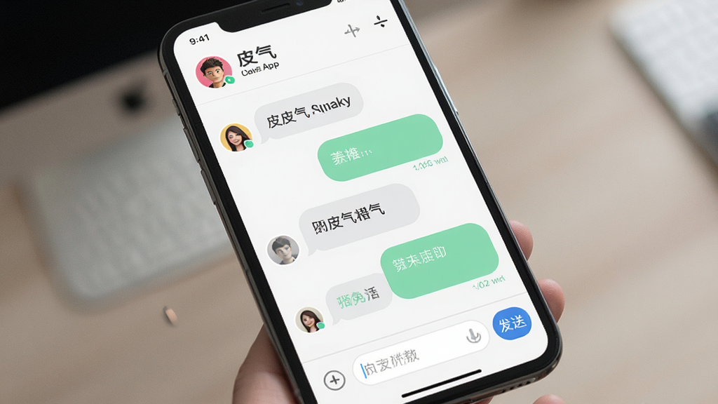 一张展示有皮气App在手机上流畅运行聊天界面的生图提示词:主体是手机屏幕中有皮气的聊天对话界面,布局上方是角色头像和名字,中间是对话气泡左右分布,下方是输入框和发送按钮,排版为常规聊天布局,风格为清爽简约的UI设计,细节上气泡有圆角和浅色背景,画质高清干净无多余元素。