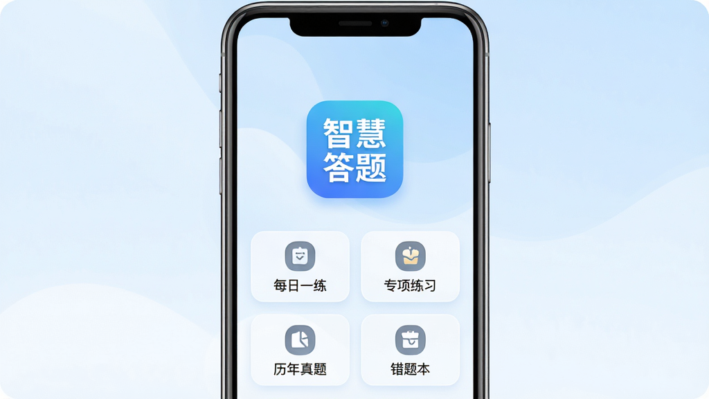 智慧答题题库App主界面全貌展示,手机屏幕中央显示“智慧答题题库”应用图标和启动页,背景为淡蓝色渐变,界面布局包含每日一练、专项练习、历年真题、错题本四个主要功能入口,风格简洁扁平化,细节处有柔和的圆角设计,画质干净清晰,无多余装饰元素