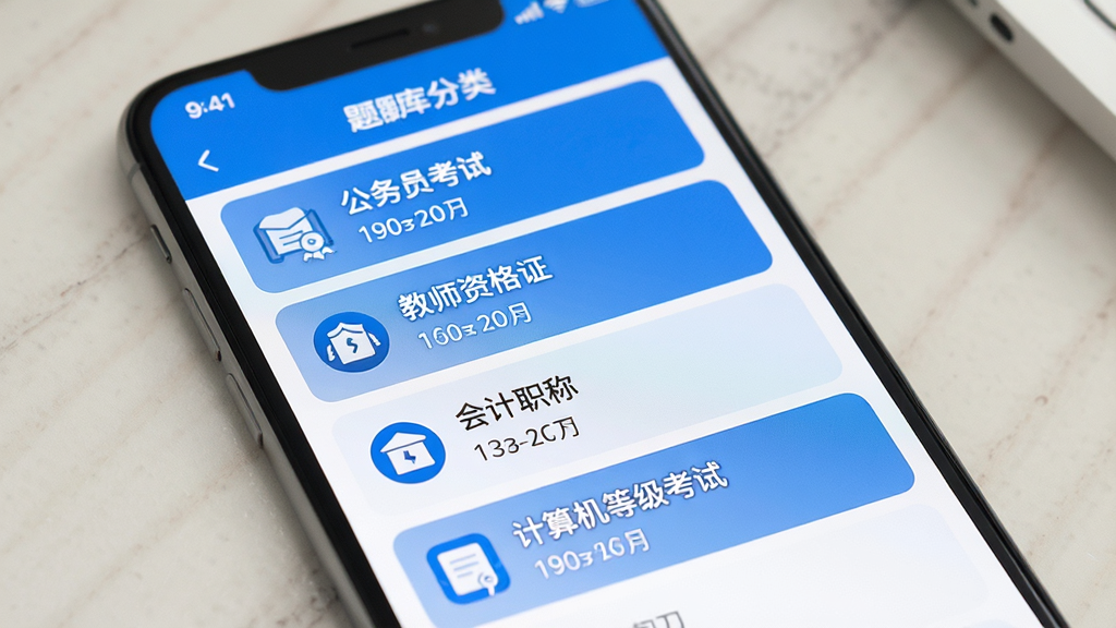 智慧答题题库海量题库展示,手机屏幕显示题库分类列表,包含公务员考试、教师资格证、会计职称、计算机等级考试等条目,每个分类下方有题目数量标注,界面以蓝色和白色为主色调,列表排列整齐,图标简约清晰,风格现代教育类App设计,画质干净无多余元素