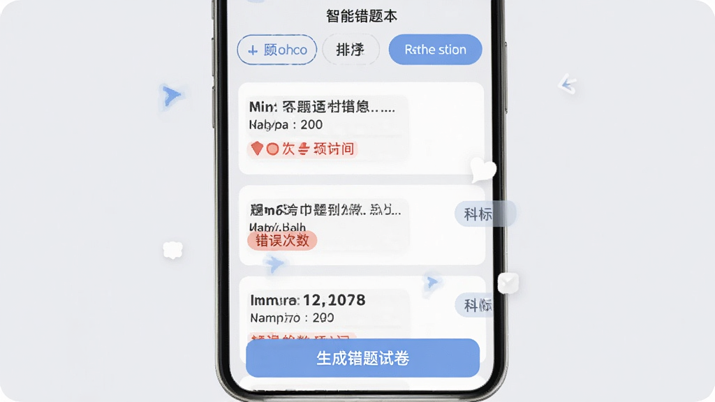 智慧答题题库智能错题本界面,手机屏幕展示错题列表,每条错题包含题目摘录、错误次数标记和所属科目标签,顶部有筛选排序按钮,底部有生成错题试卷的入口,界面配色柔和,以浅灰色和蓝色点缀,布局清晰易读,画质干净无多余元素