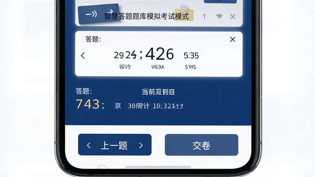 智慧答题题库模拟考试模式界面,手机屏幕显示考试倒计时、答题卡和当前题目,底部有上一题下一题和交卷按钮,界面风格严肃简洁,以深蓝色和白色为主,突出考试氛围,布局符合考试系统操作习惯,画质干净无多余元素