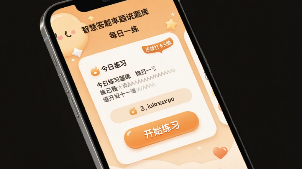 智慧答题题库每日一练打卡界面,手机屏幕显示今日练习题卡片和连续打卡天数标识,卡片上有开始练习按钮,背景为温暖的浅橙色渐变,界面元素圆润可爱,风格轻松激励,画质干净无多余元素