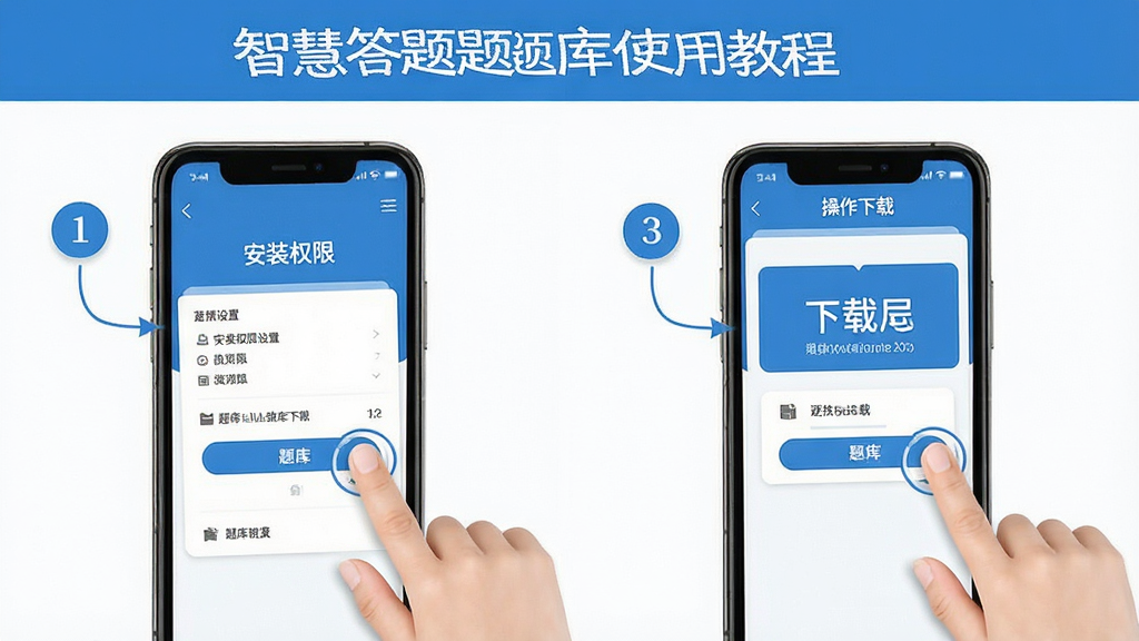 智慧答题题库使用教程示意图,手机屏幕展示安装权限设置和题库下载界面,画面中有手指点击操作的示意,界面以蓝色和白色为主,标注清晰的操作步骤序号,风格直观易学,画质干净无多余元素
