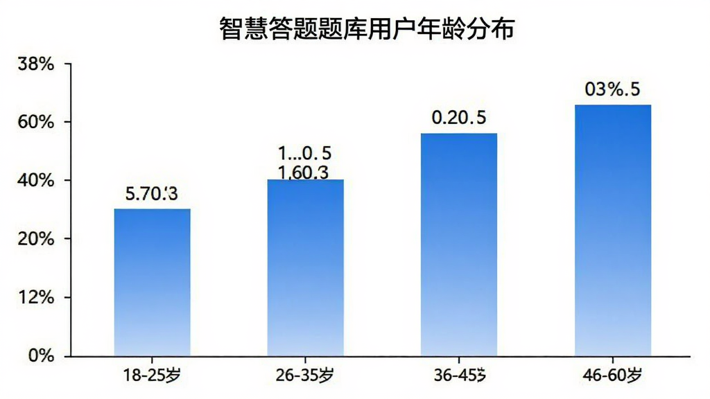 智慧答题题库用户年龄分布柱状图,图表横轴为年龄段18-25岁、26-35岁、36-45岁、46-60岁,纵轴为用户人数占比百分比,柱状颜色为蓝色渐变,图表标题为“智慧答题题库用户年龄分布”,背景为白色,数据标签清晰可见,风格简洁专业,画质干净无多余元素