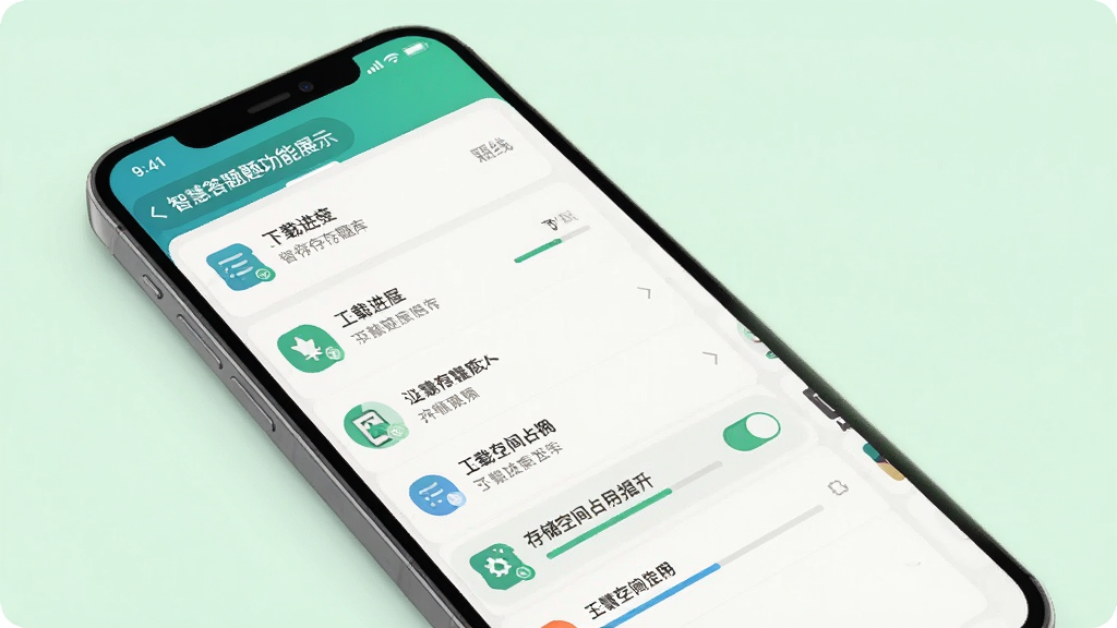 智慧答题题库离线刷题功能展示,手机屏幕显示已缓存题库列表和离线模式开关,界面中有下载进度条和存储空间占用提示,背景为浅绿色调,图标设计简洁直观,风格清爽实用,画质干净无多余元素