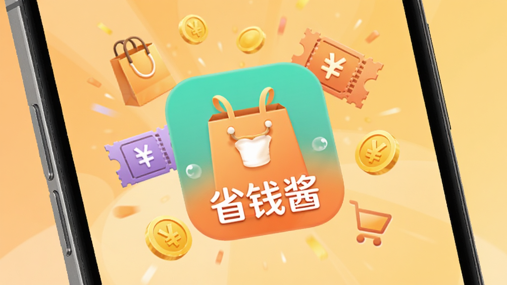 手机屏幕中央展示一个名为省钱酱的App图标,图标周围环绕着购物袋、优惠券、金币等小元素,背景是柔和的橙黄色渐变,整体风格轻松活泼,画面干净整洁,无多余元素,高清画质