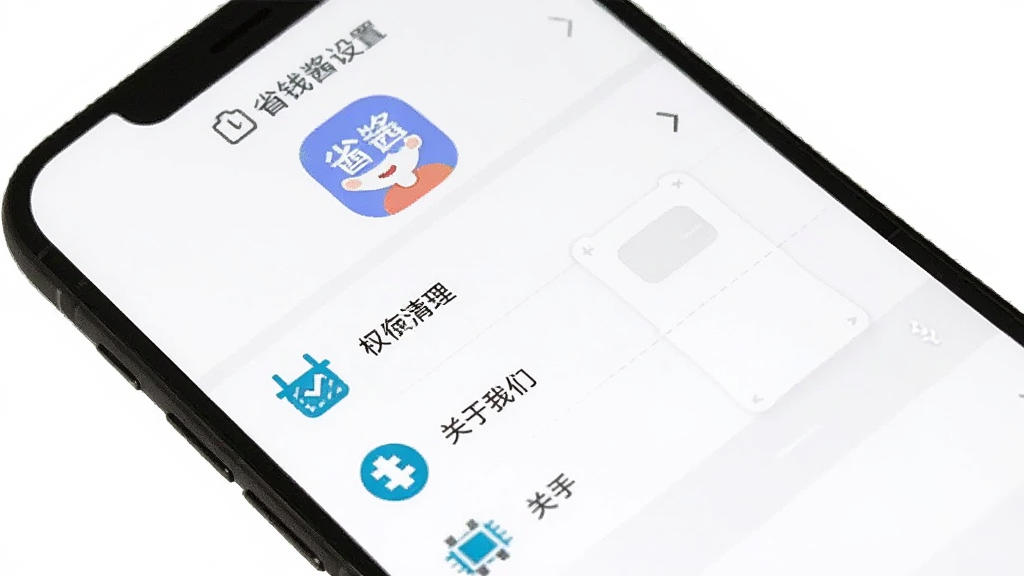 手机屏幕展示省钱酱App的设置页面,页面中包含权限管理、缓存清理、关于我们等选项,界面简洁明了,背景是纯白色,文字清晰,图标风格统一,画质干净