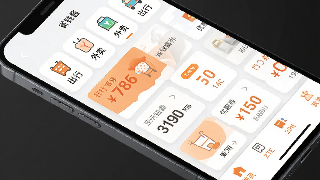 手机界面展示省钱酱App内部页面,屏幕上方用简洁的图标排列出购物、外卖、出行等分类标签,中间是优惠券卡片列表,每张卡片上标注着折扣金额,底部导航栏清晰,整体以白色和橙色为主色调,布局整洁,文字清晰可读,画质干净