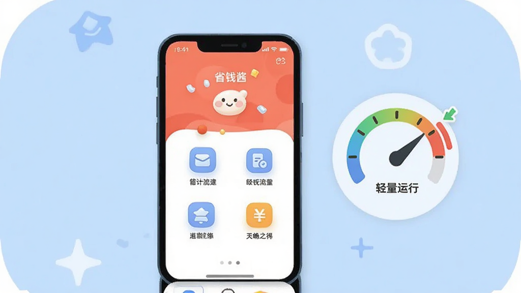 手机屏幕展示省钱酱App运行流畅的示意图,屏幕中央是简洁的功能入口界面,旁边有一个表示轻量运行的速度仪表盘图标,背景是清爽的浅蓝色,风格扁平化,细节圆润,画质清晰无多余元素