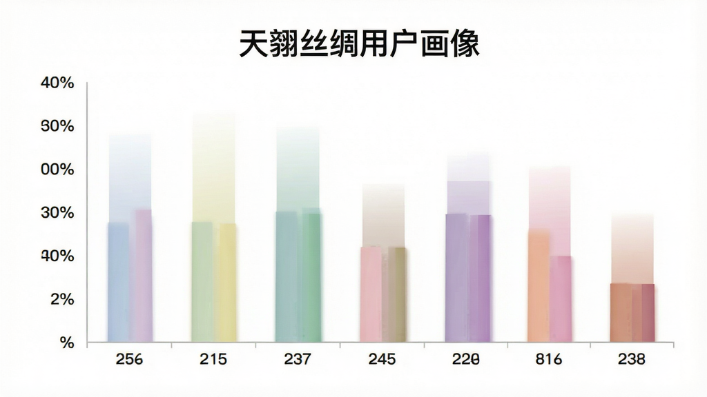 天翊丝绸用户年龄分布柱状图,画面主体是一个清晰的彩色柱状图,横轴标注年龄段,纵轴标注用户占比百分比,柱子颜色柔和区分不同年龄段,图表上方有“天翊丝绸用户画像”字样,布局居中,风格简洁数据可视化,细节上柱子有轻微渐变效果,背景纯白,画质锐利,无多余网格线。