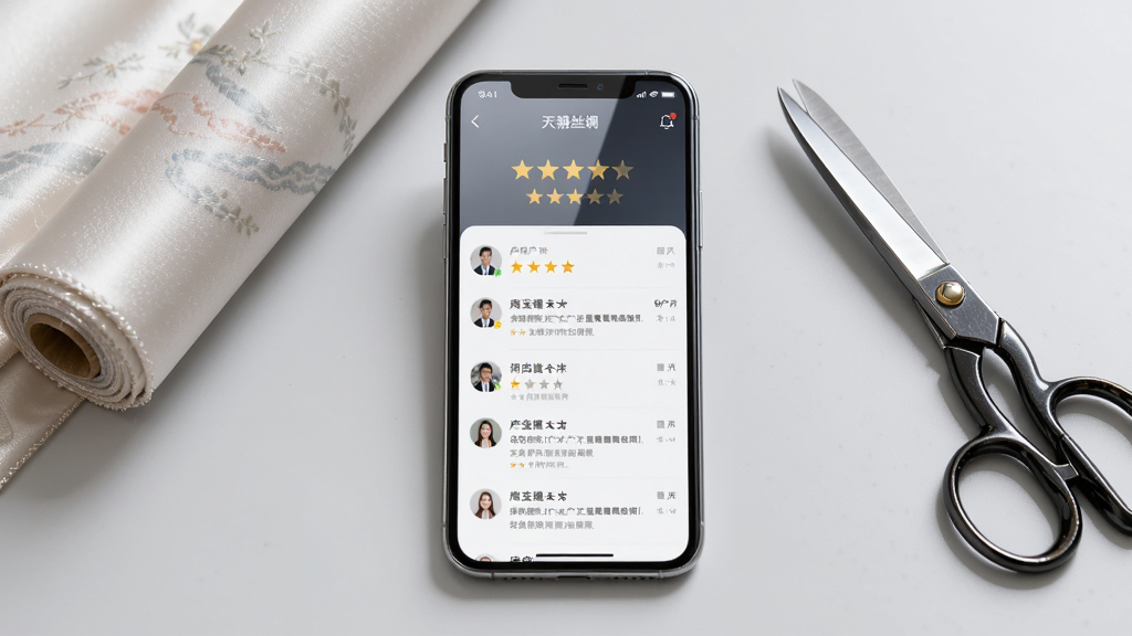 天翊丝绸App商家店铺详情页展示,画面中心是手机屏幕显示商家评分星级和用户评价列表,手机旁边放置着一卷丝绸布料和一把裁缝剪刀,布局采用居中对称构图,风格简洁专业,细节上手机屏幕有轻微的反光质感,背景为浅灰色桌面,画质明亮干净,无多余装饰。