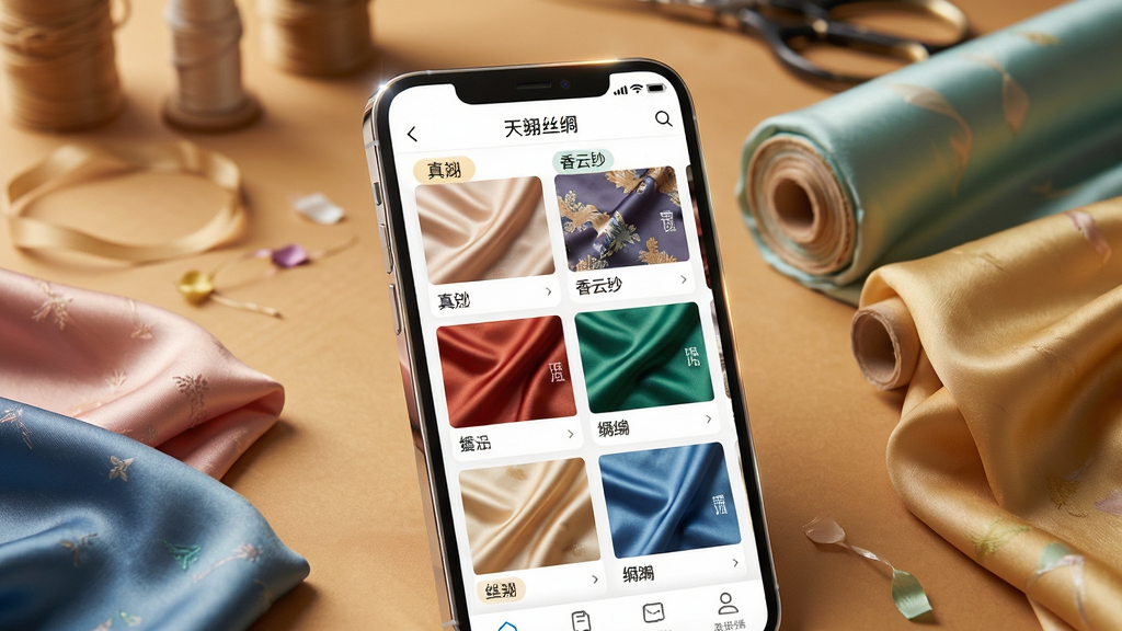 天翊丝绸App首页界面展示,画面主体是一部智能手机,手机屏幕上显示着琳琅满目的丝绸面料商品列表,包含真丝、香云纱、绸缎等分类标签,手机旁边散落着几匹质感顺滑的彩色丝绸布料,背景是暖色调的工作室桌面,布局简洁清晰,风格现代商务,细节上手机边缘有微光反射,画质高清干净,无多余元素。