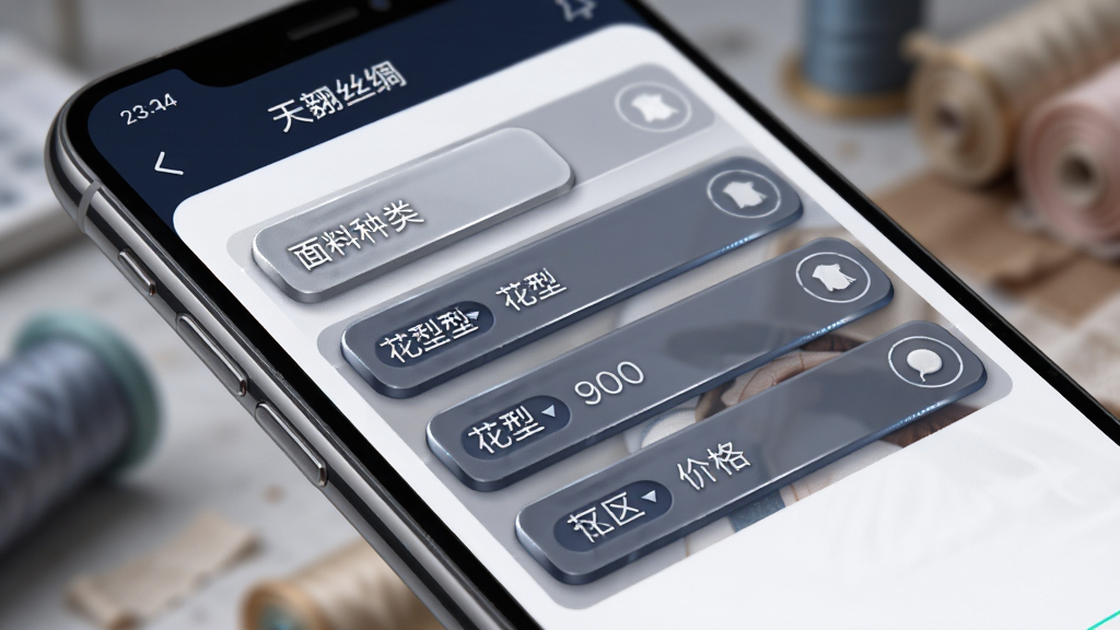 天翊丝绸App商品筛选界面特写,主体是手机屏幕展示着多层级筛选菜单,包括面料种类、花型、价格区间等选项,画面布局采用对角线构图,风格偏向科技感与实用感结合,细节上屏幕中的选项按钮有轻微的立体质感,背景虚化处理,画质清晰锐利,无杂乱元素。