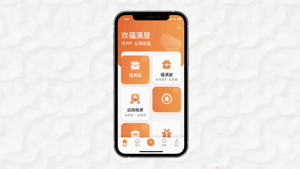һ��չʾ������App���Ľ����ͼƬ�������������ֻ���Ļ����Ļ����ʾ�����������棬�����л�ӭ��м��ǹ��ܿ�Ƭ���񣬵ײ����������������岼�ּ�࣬����ִ���ƽ����ɫ��ů��ɫ�Ͱ�ɫΪ����ϸ��Բ�󣬻��ʸɾ��������޶���Ԫ��