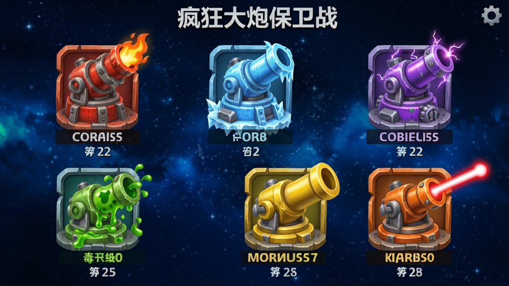 疯狂大炮保卫战 炮塔选择界面,画面中整齐排列着六种不同颜色的炮塔图标,包括红色的火焰炮塔、蓝色的冰霜炮塔、紫色的电磁炮塔、绿色的毒液炮塔、黄色的加农炮塔和橙色的激光炮塔,每个炮塔下方有名称和等级数字,背景是深蓝色的星空底纹,图标设计精致有立体感,画质干净无多余元素